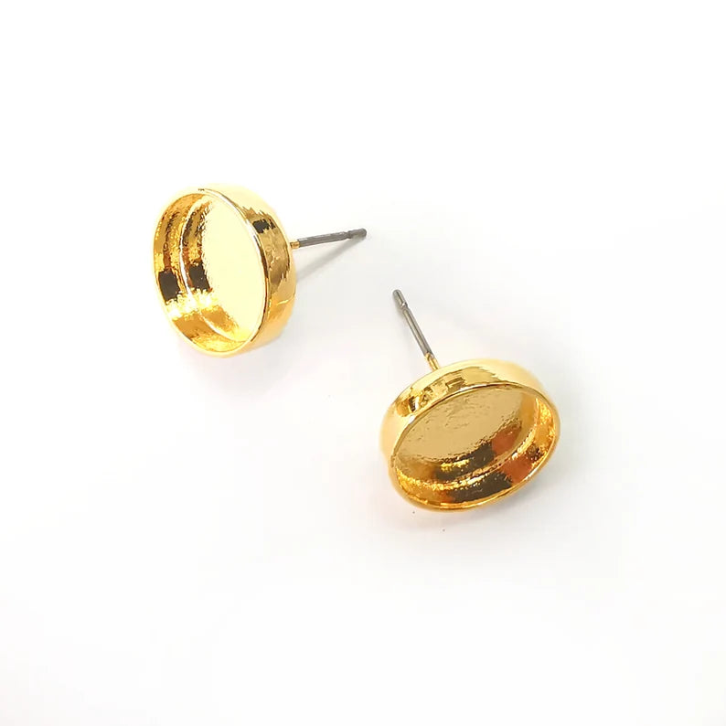Gold Round Blank Earring Bezel Set Base Shiny Gold Plated Brass Earring Stud Base (12mm blank) G34351