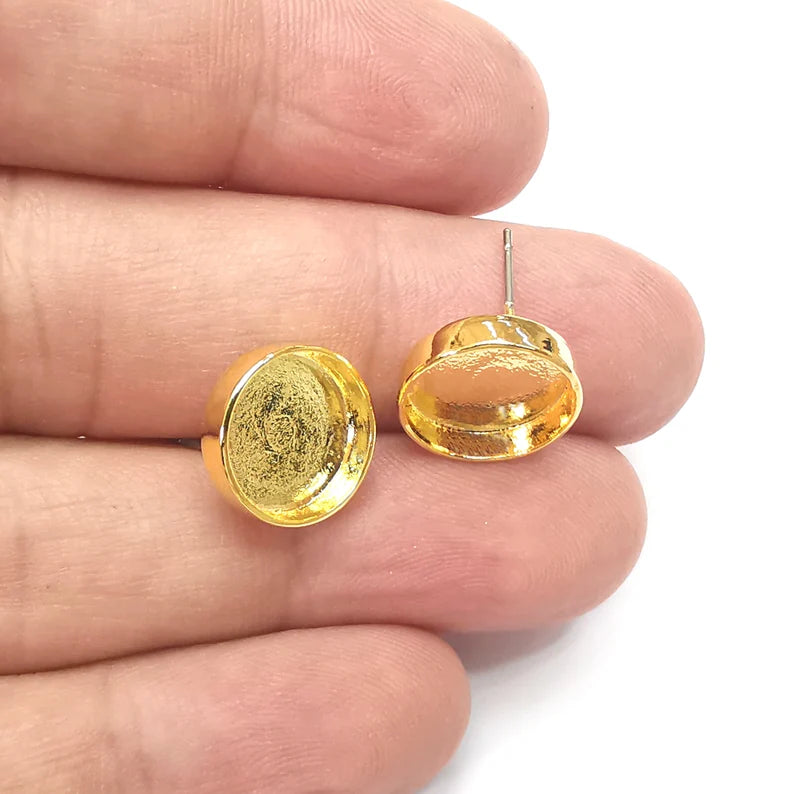 Gold Round Blank Earring Bezel Set Base Shiny Gold Plated Brass Earring Stud Base (12mm blank) G34351