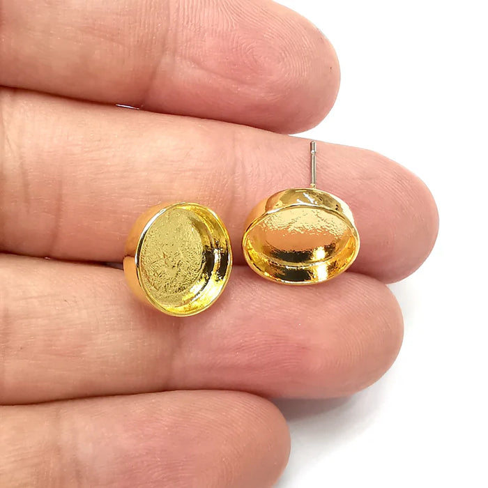 Gold Round Blank Earring Bezel Set Base Shiny Gold Plated Brass Earring Stud Base (12mm blank) G34351
