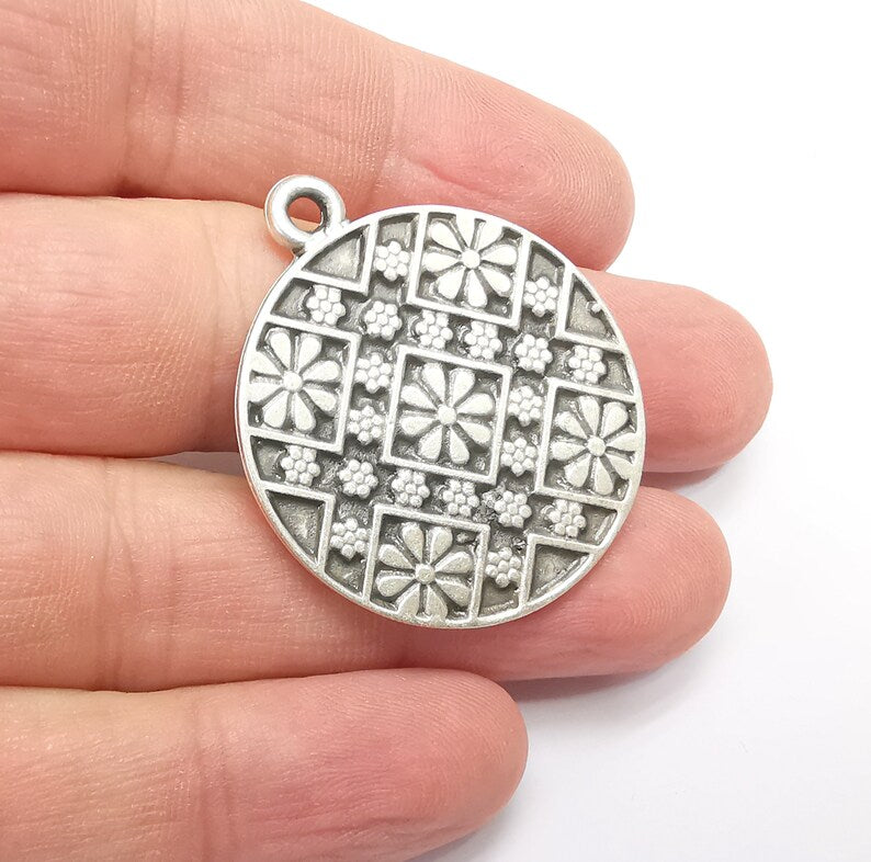 Flower Round Charms, Antique Silver Plated (39x33mm) G34352