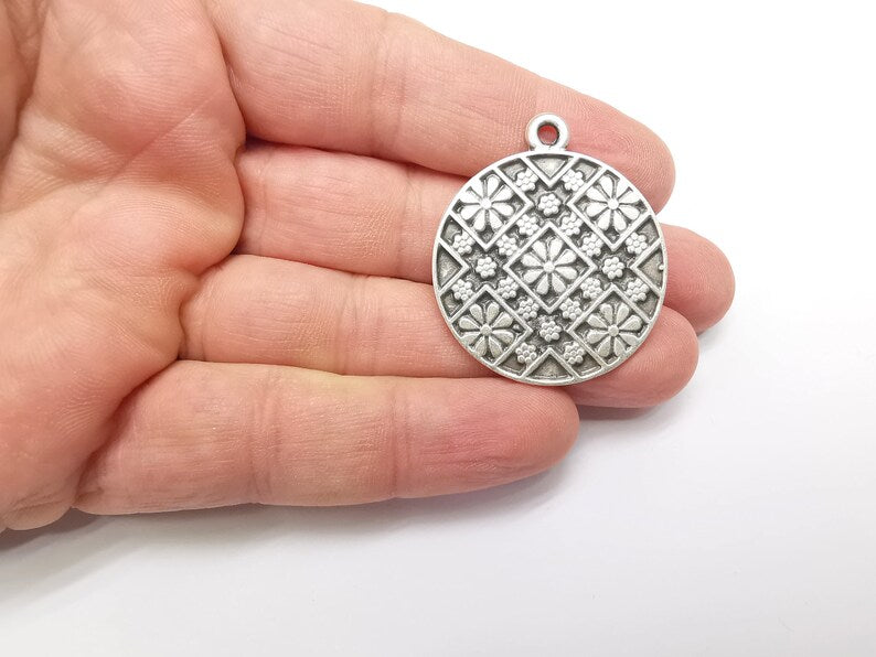 Flower Round Charms, Antique Silver Plated (39x33mm) G34352