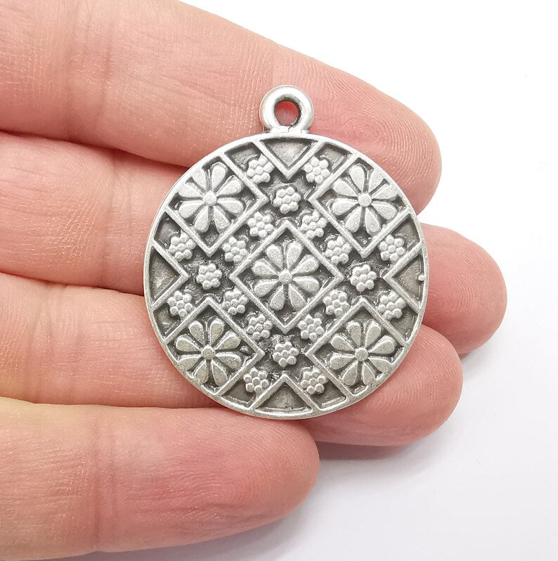 Flower Round Charms, Antique Silver Plated (39x33mm) G34352