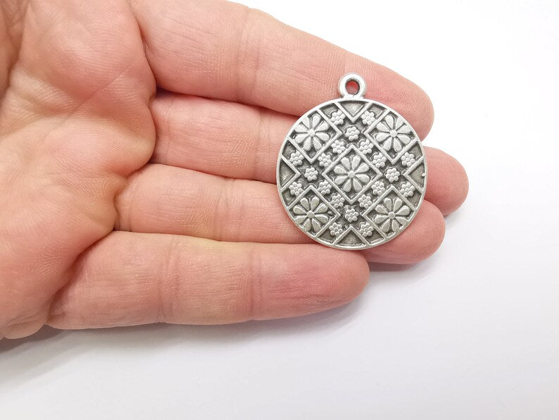 Flower Round Charms, Antique Silver Plated (39x33mm) G34352