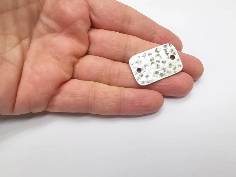 2 Hammered Rectangle Connector Charm Antique Silver Plated Charms (33x20 mm) G34354