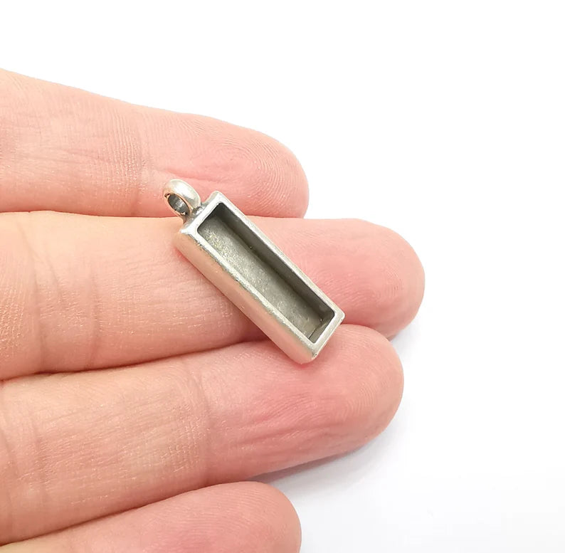 2 Rectangle Pendant Blanks, Resin Bezel Bases, Mosaic Mountings, Dry flower Frame, Polymer Clay base, Antique Silver Plated (20x5mm) G34355