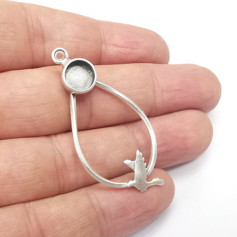 Drop Bird round Pendant Base Setting Bezel Blank Antique Silver Plated Brass Pendant (48mm) (8mm blank) G34365