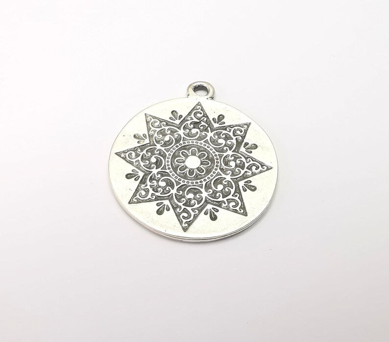 Round Dangle Mandala Pendant Charms, Antique Silver Plated (37x32mm) G34375