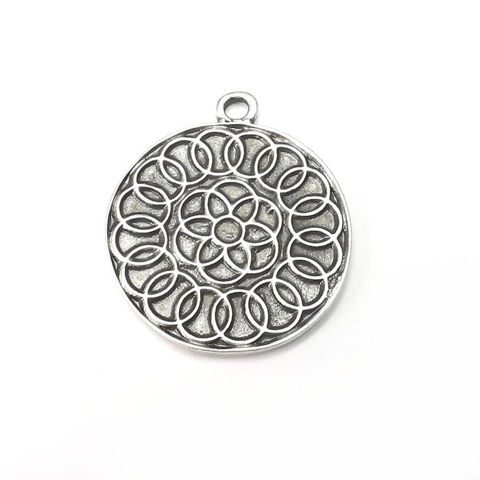 Round Dangle Mandala Pendant Charms, Antique Silver Plated (39x33mm) G34380