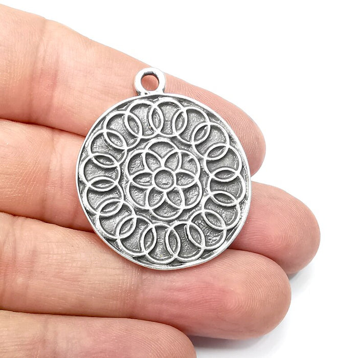 Round Dangle Mandala Pendant Charms, Antique Silver Plated (39x33mm) G34380