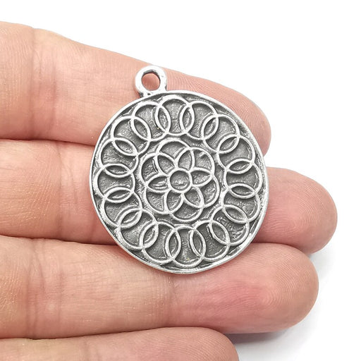 Round Dangle Mandala Pendant Charms, Antique Silver Plated (39x33mm) G34380