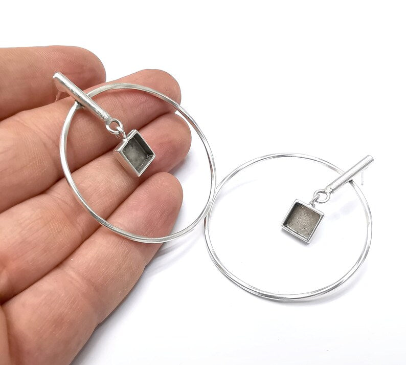 Hoop Rod Stick Square Silver Earring Set Base Wire Antique Silver Plated Brass Earring Base (8x8mm cabochon bezel) (58x50mm) G34468