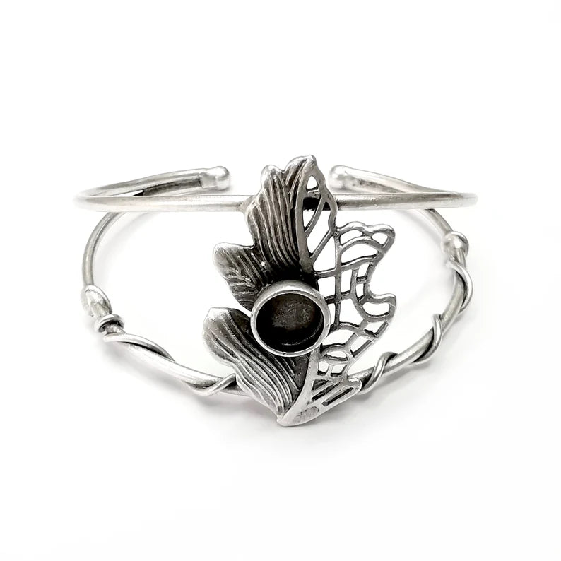Leaf Bracelet Bezel Cuff Blank Resin Mountings Cabochon Base Setting Antique Silver Plated Brass Adjustable Bracelet Bezel (8mm) G34470