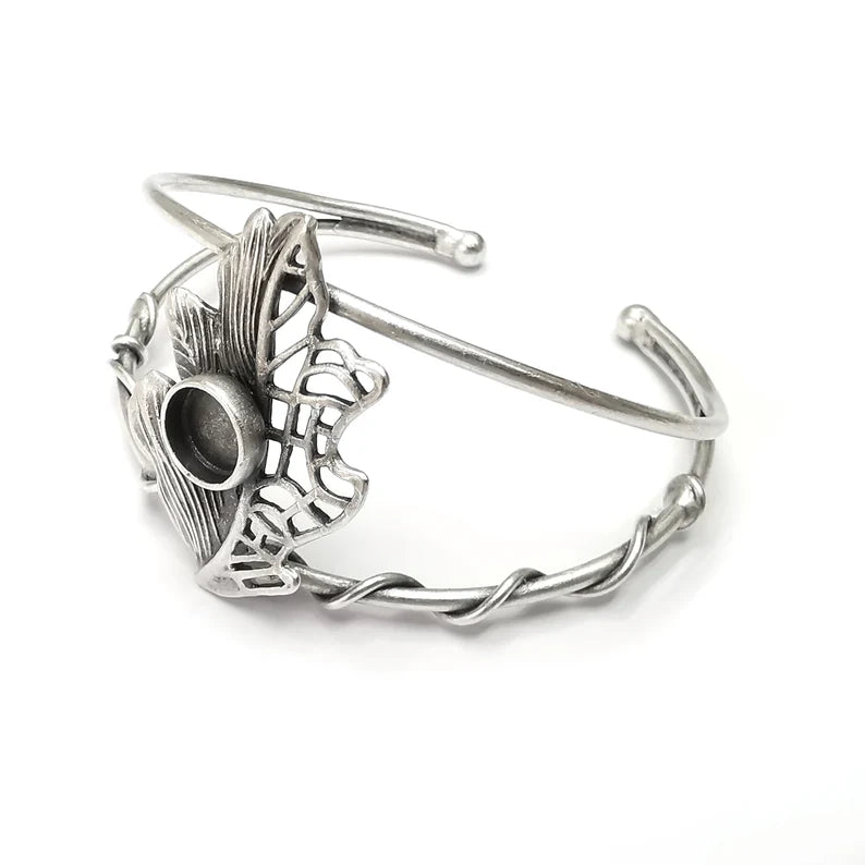 Leaf Bracelet Bezel Cuff Blank Resin Mountings Cabochon Base Setting Antique Silver Plated Brass Adjustable Bracelet Bezel (8mm) G34470