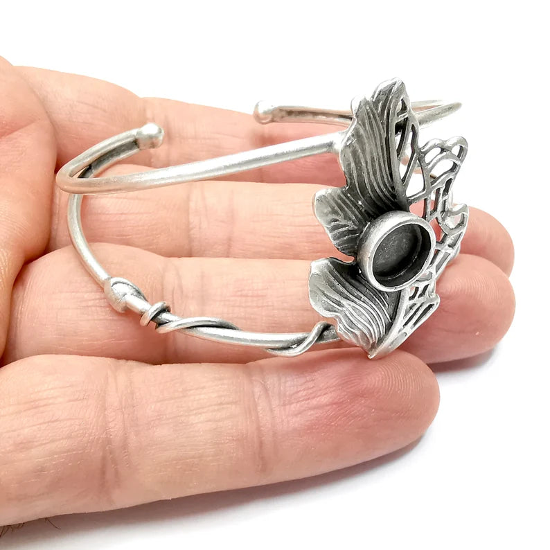 Leaf Bracelet Bezel Cuff Blank Resin Mountings Cabochon Base Setting Antique Silver Plated Brass Adjustable Bracelet Bezel (8mm) G34470