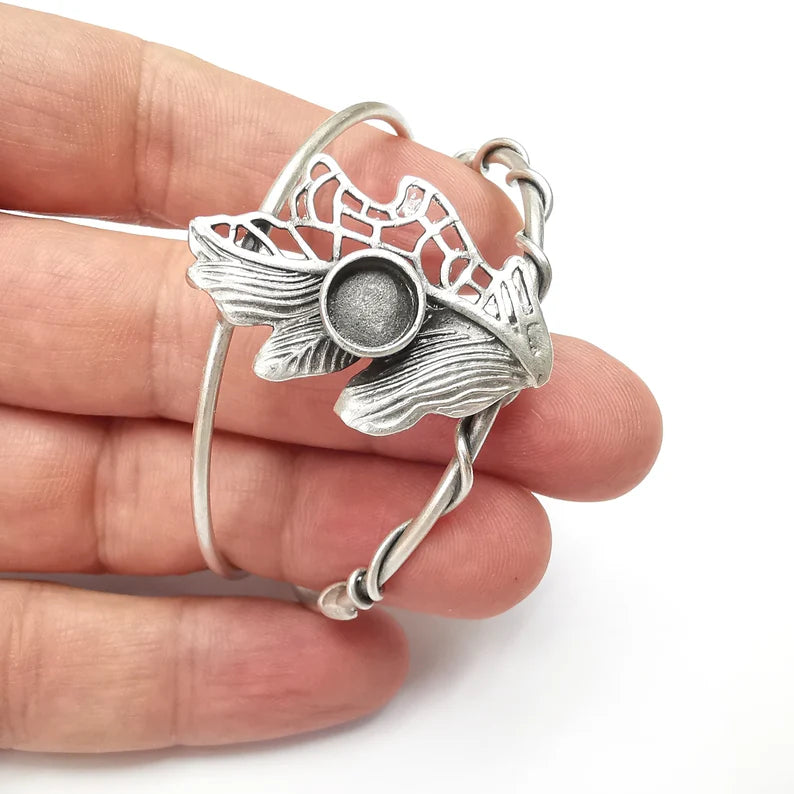 Leaf Bracelet Bezel Cuff Blank Resin Mountings Cabochon Base Setting Antique Silver Plated Brass Adjustable Bracelet Bezel (8mm) G34470