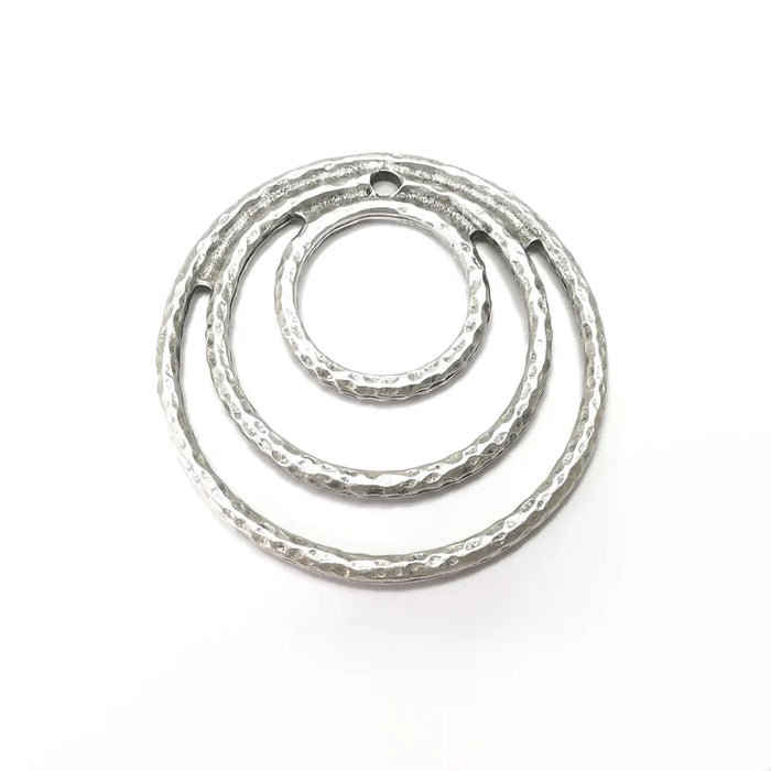 Hammered Hoops Charms, Antique Silver Plated Pendant (45mm) G34389