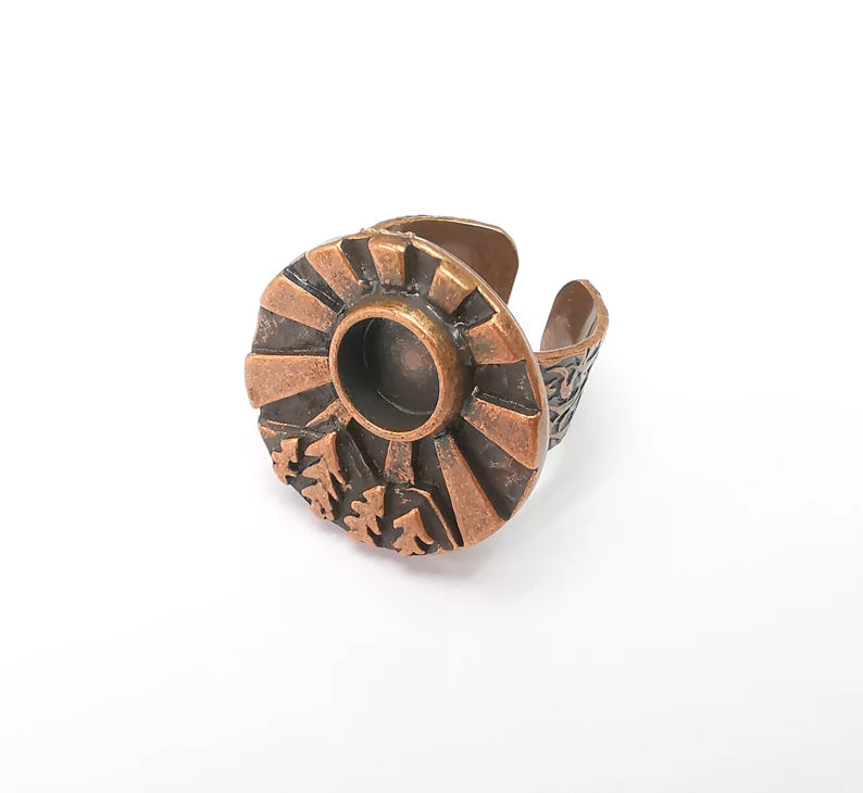 Tree Mountain Sun Ring Blank Setting, Cabochon Mounting, Adjustable Resin Ring Base, Antique Copper Inlay Mosaic Ring Bezel (8mm) G34388