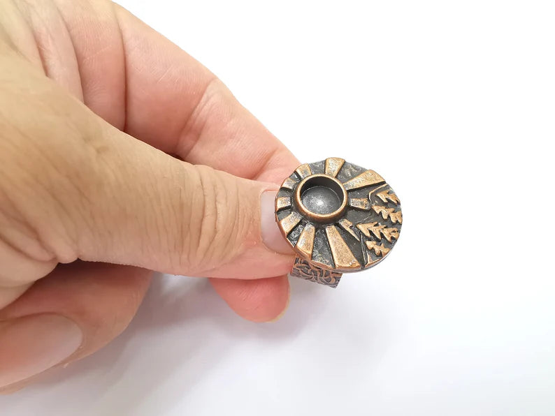 Tree Mountain Sun Ring Blank Setting, Cabochon Mounting, Adjustable Resin Ring Base, Antique Copper Inlay Mosaic Ring Bezel (8mm) G34388