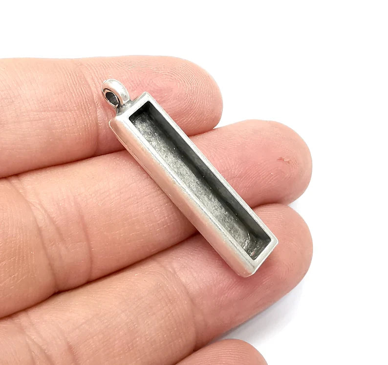 Rectangle Pendant Blanks, Resin Bezel Bases, Mosaic Mountings, Dry flower Frame, Polymer Clay base, Antique Silver Plated (30x5mm) G34393