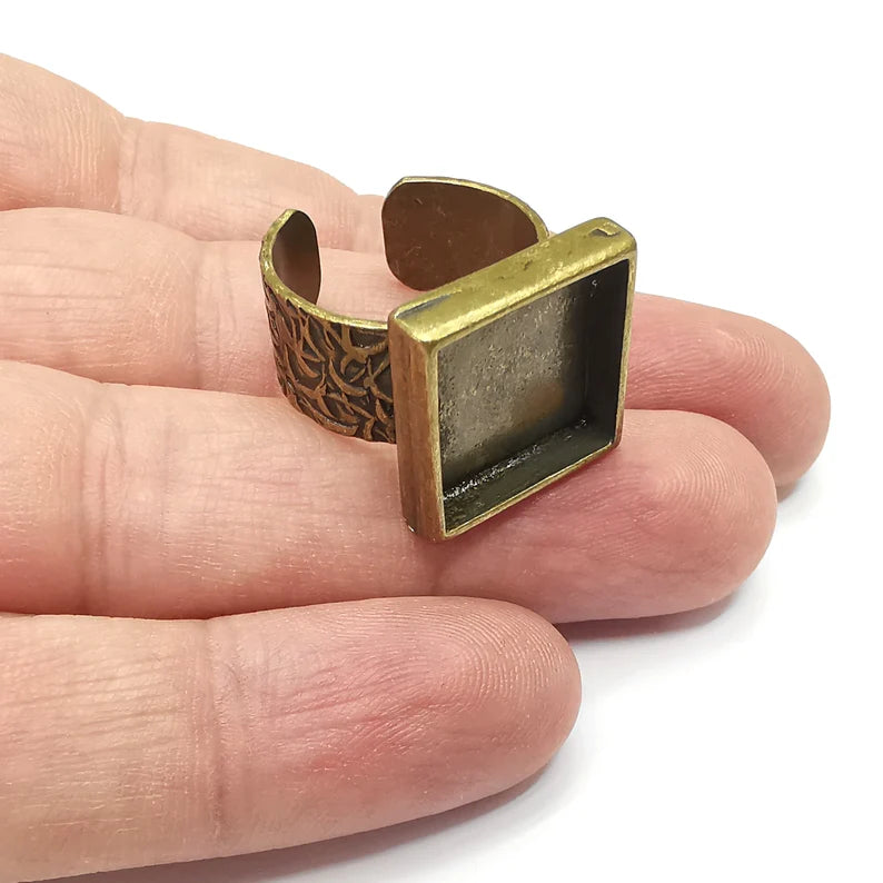 Square Antique Bronze Ring Blank Setting, Cabochon Mounting, Adjustable Resin Ring Base Bezel, Inlay Ring Mosaic Ring Bezel (16x16mm) G34476