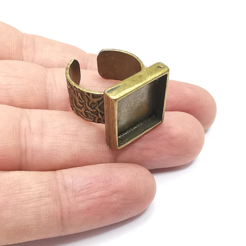 Square Antique Bronze Ring Blank Setting, Cabochon Mounting, Adjustable Resin Ring Base Bezel, Inlay Ring Mosaic Ring Bezel (16x16mm) G34476