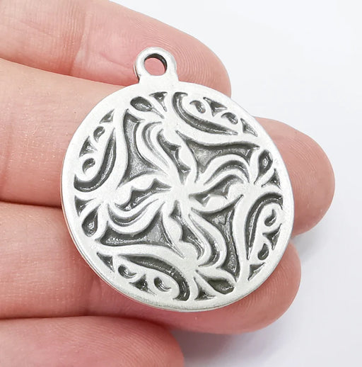 Round Dangle Mandala Pendant Charms, Antique Silver Plated (39x33mm) G34394
