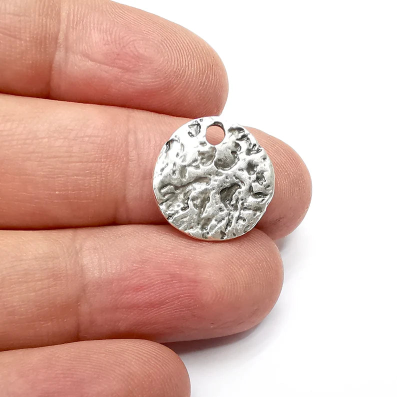 2 Organic Disc Charms, Antique Silver Plated Pendant, Earring Charms, Bracelet Charms (18mm) G34402