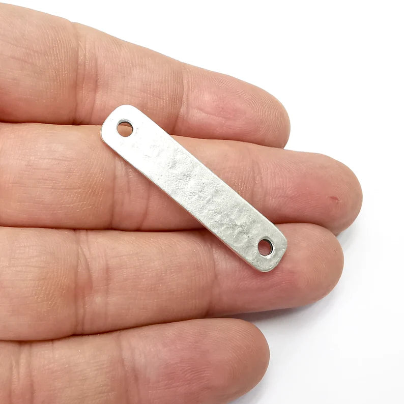 2 Hammered Rectangle Connector Charm Antique Silver Plated Charms (42x9 mm) G34414