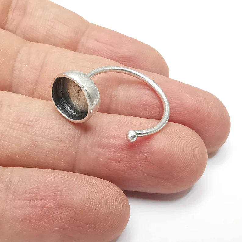 Round Ring Blank Settings, Cabochon Mounting, Adjustable Antique Silver Resin Ring Base Bezel, Inlay Mosaic Cabochon (10mm) G34469