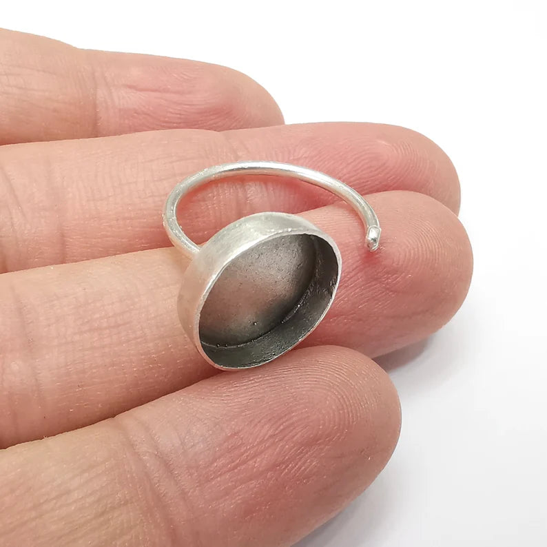 Round Ring Blank Settings, Cabochon Mounting, Adjustable Antique Silver Resin Ring Base Bezel, Inlay Mosaic Cabochon (16mm) G34480
