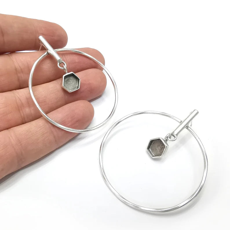 Hoop Rod Stick Hexagonal Silver Earring Set Base Wire Antique Silver Plated Brass Earring Base (8mm cabochon bezel) (58x50mm) G34482