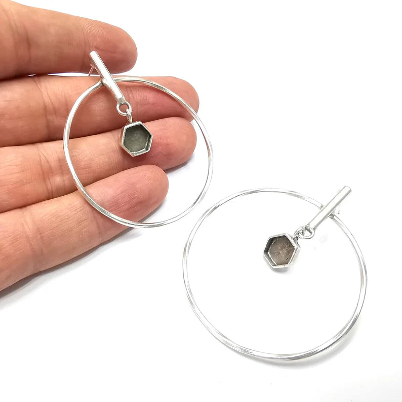 Hoop Rod Stick Hexagonal Silver Earring Set Base Wire Antique Silver Plated Brass Earring Base (8mm cabochon bezel) (58x50mm) G34482