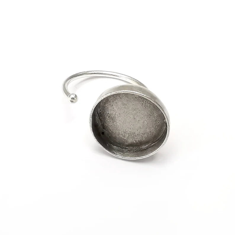 Round Ring Blank Settings, Cabochon Mounting, Adjustable Antique Silver Resin Ring Base Bezel, Inlay Mosaic Cabochon (14mm) G34483