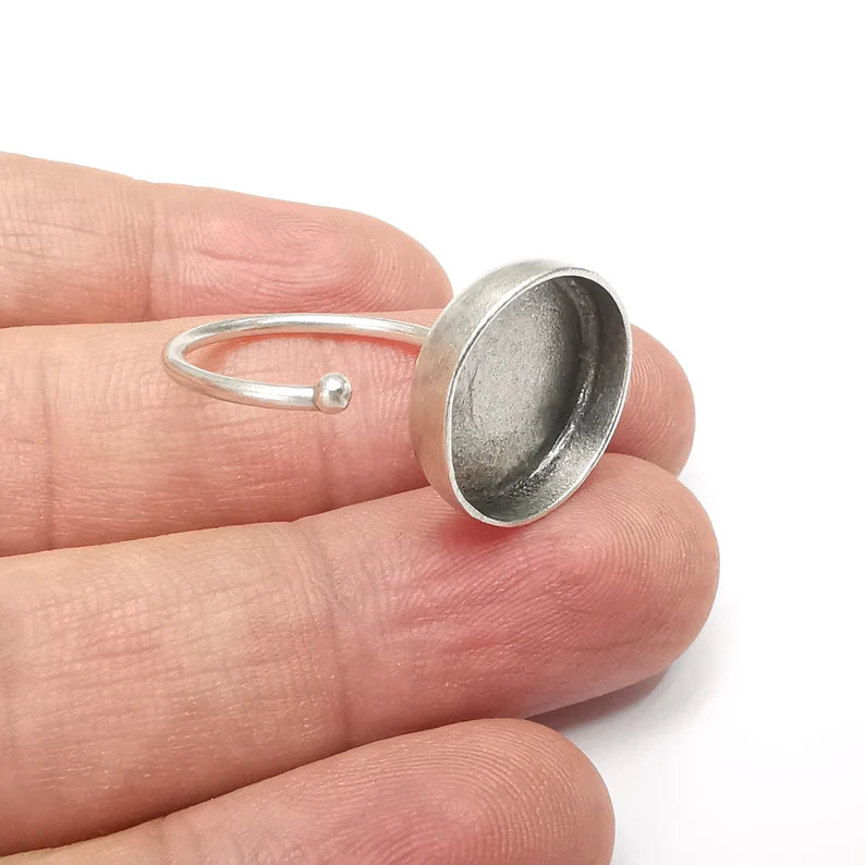 Round Ring Blank Settings, Cabochon Mounting, Adjustable Antique Silver Resin Ring Base Bezel, Inlay Mosaic Cabochon (14mm) G34483