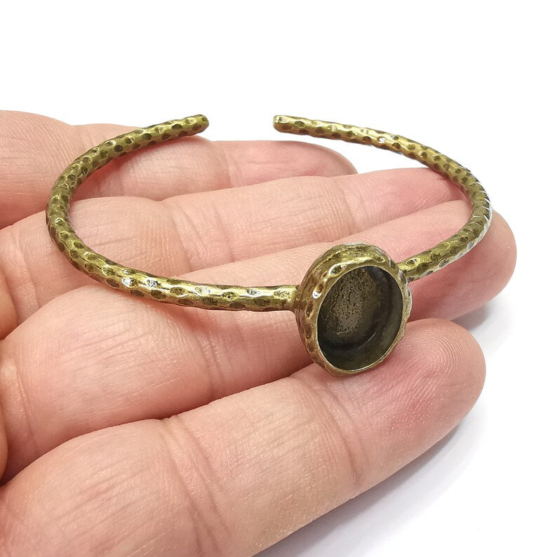 Hammered Bracelet Brass Cuff Blank Bezel Glass Cabochon Base Adjustable Antique Bronze Brass (14x10 mm blank) G34422