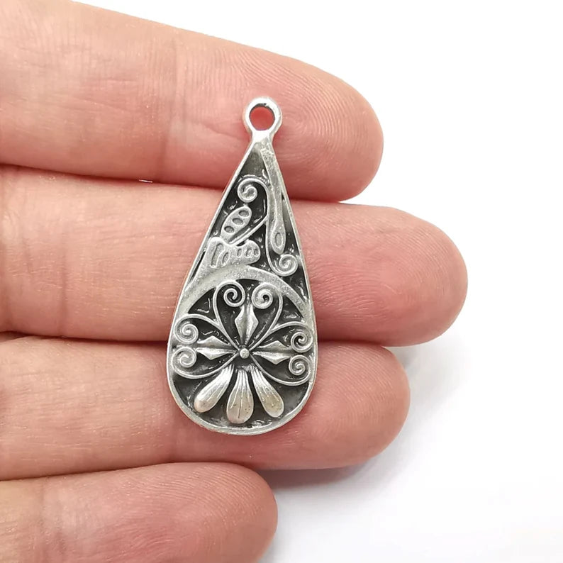 Flower Charms, Drop Charms, Antique Silver Plated (38x18mm) G34471