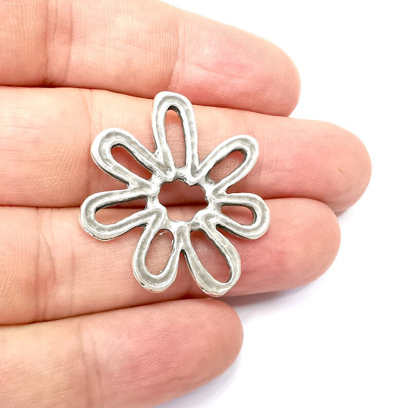 2 Flower Charms Antique Silver Plated Charms (34mm) G34429