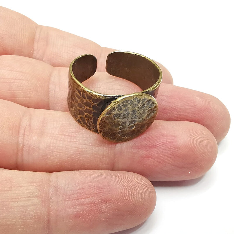 Hammered Ring Round Setting Resin Ring Blank Cabochon Mounting Adjustable Base Bezel Antique Bronze Plated Brass (16mm) G34486