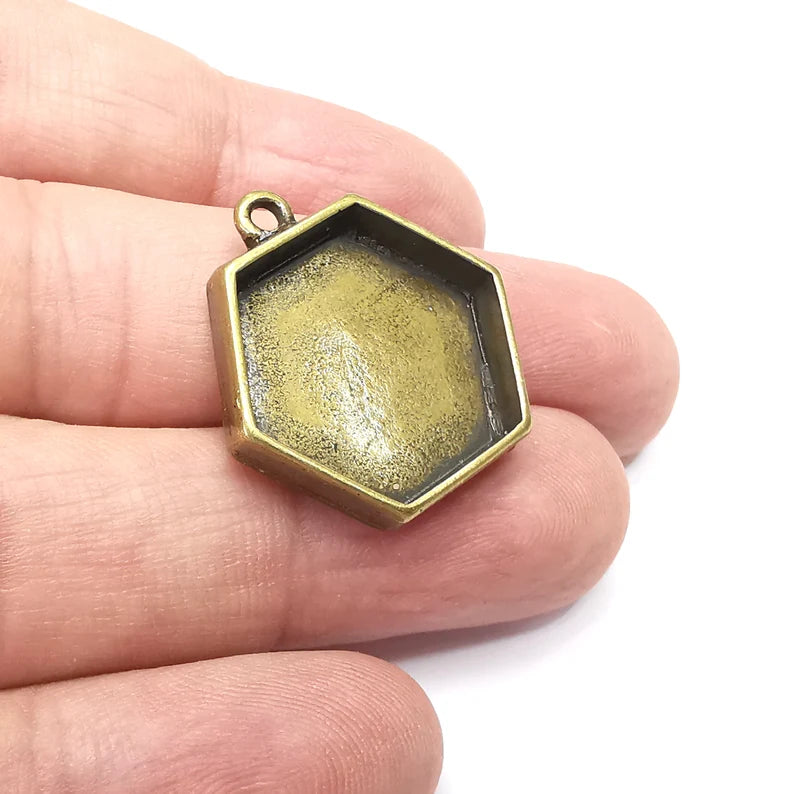 2 Hexagonal Pendant Blanks, Resin Bezel Bases, Mosaic Mountings, Dry flower Frame, Polymer Clay base, Antique Bronze Plated (20mm) G34487