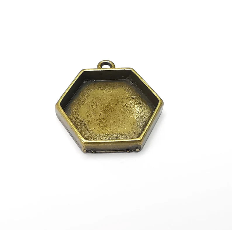 2 Hexagonal Pendant Blanks, Resin Bezel Bases, Mosaic Mountings, Dry flower Frame, Polymer Clay base, Antique Bronze Plated (20mm) G34487