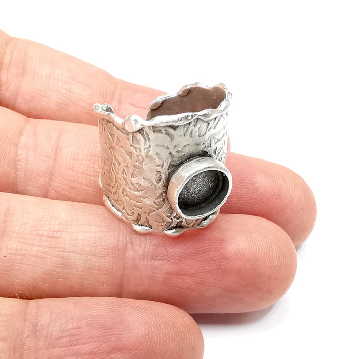 Textured Tube Ring Blank Setting, Cabochon Mounting, Adjustable Resin Ring Base Bezels, Antique Silver Plated (8mm round bezel) G34494