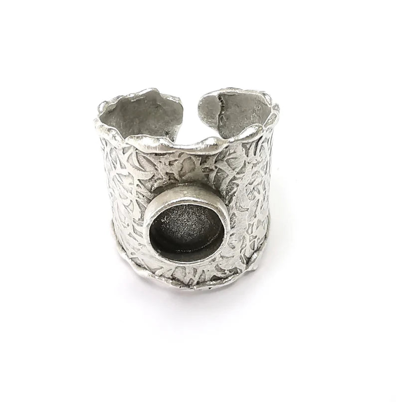 Textured Tube Ring Blank Setting, Cabochon Mounting, Adjustable Resin Ring Base Bezels, Antique Silver Plated (8mm round bezel) G34494