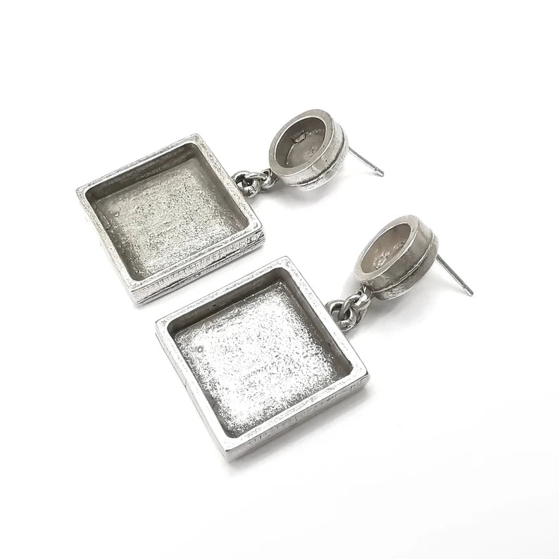 Square Round Dangle Earring Set Base Wire Antique Silver Plated Brass Earring Base (20- 10 mm blanks) G34442