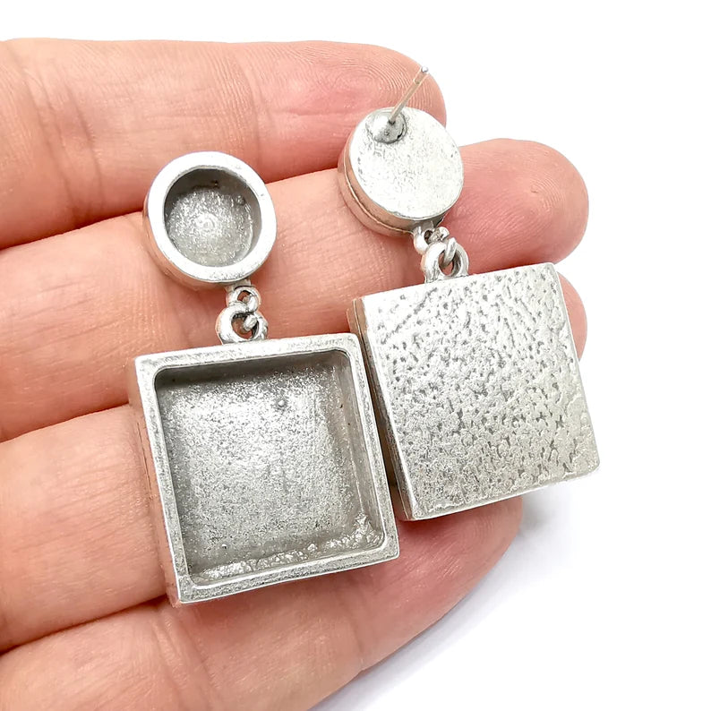 Square Round Dangle Earring Set Base Wire Antique Silver Plated Brass Earring Base (20- 10 mm blanks) G34442