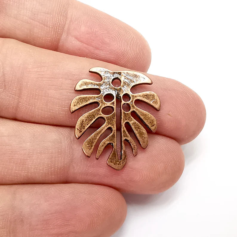 4 Monstera Leaf Charms, Antique Copper Plated (25x22mm) G34450