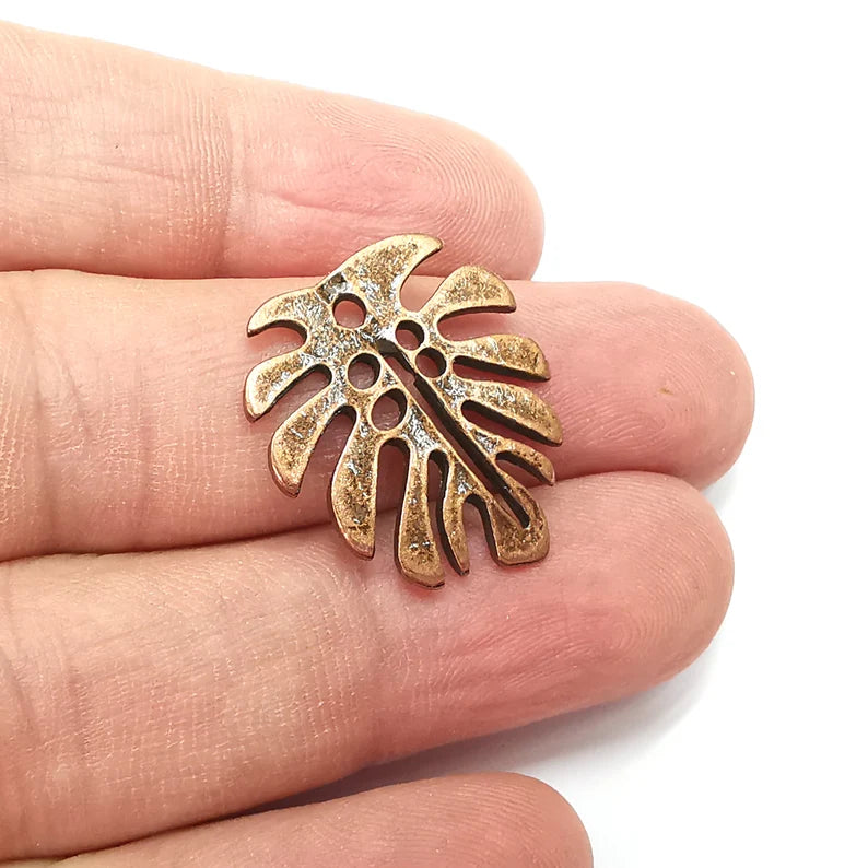 4 Monstera Leaf Charms, Antique Copper Plated (25x22mm) G34450