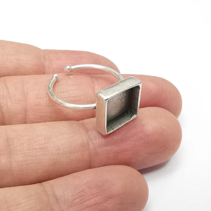 Square Ring Blank Settings, Cabochon Mounting, Adjustable Antique Silver Resin Ring Base Bezel, Inlay Mosaic Cabochon (10mm) G26676