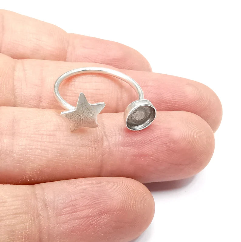 Star Ring Blank Settings, Cabochon Mounting, Adjustable Antique Silver Resin Ring Base Bezel, Inlay Mosaic Cabochon (6mm) G34508