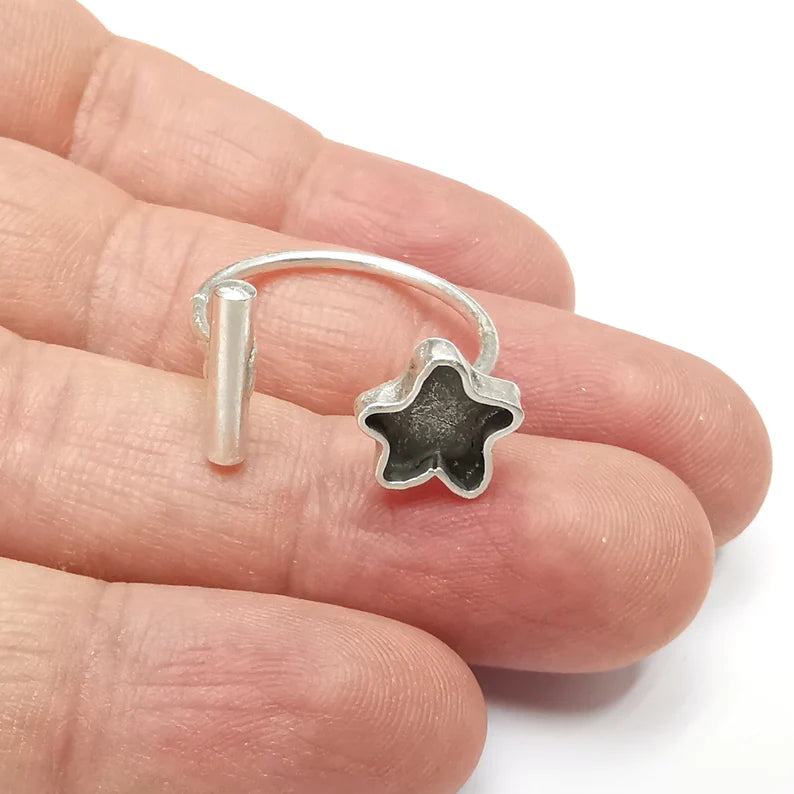 Star Ring Blank Settings, Cabochon Mounting, Adjustable Antique Silver Resin Ring Base Bezel, Inlay Mosaic Cabochon (10mm) G34509