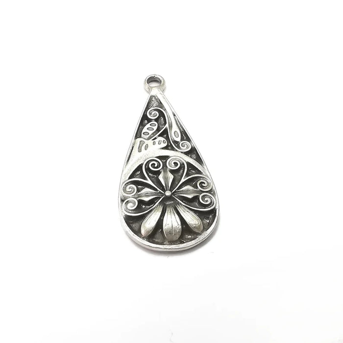 Flower Charms, Drop Charms, Antique Silver Plated (38x18mm) G34471